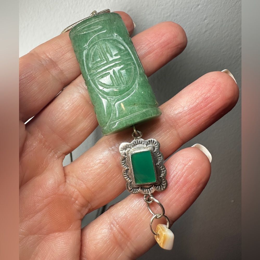 Jade and Sterling silver green onyx pendant on a 17" sterling silver chain!